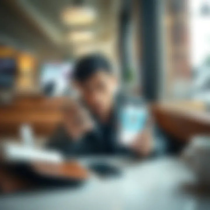 A person sitting at a cafe table, looking frustrated while holding a phone with customer support on the screen, with an empty wallet and a closed account notice nearby