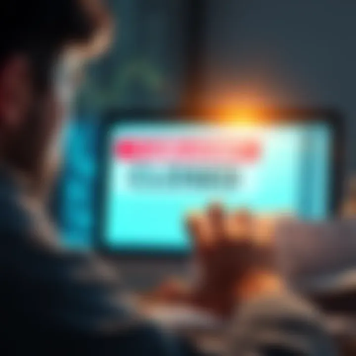 A frustrated person looking at a computer screen showing a closed account message, surrounded by bills and financial documents.