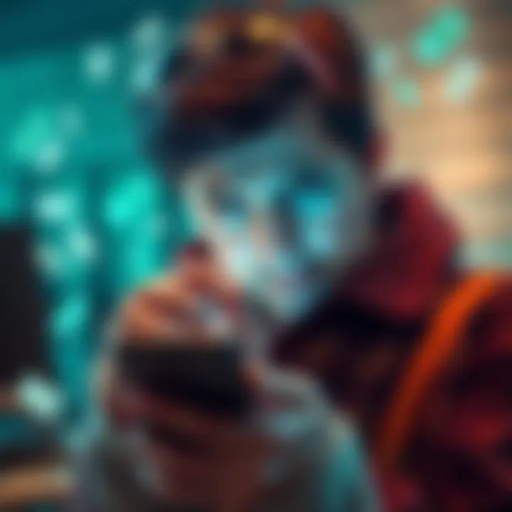 A person shows frustration while checking a closed bank account on their smartphone, with money symbols in the background