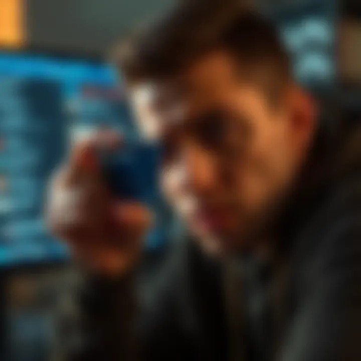 Frustrated customer looking at deactivated Coinbase card A person showing frustration while looking at their Coinbase debit card marked as deactivated, with a computer in the background displaying customer support chat.