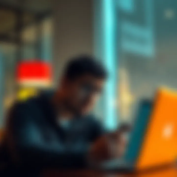 A person looking upset while checking financial statements on a laptop, illustrating frustration with high fees.