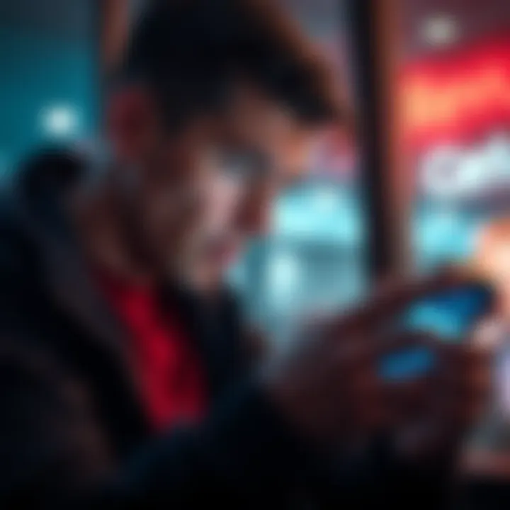 A person looking stressed while checking their bank account on a phone, showing a message about frozen funds