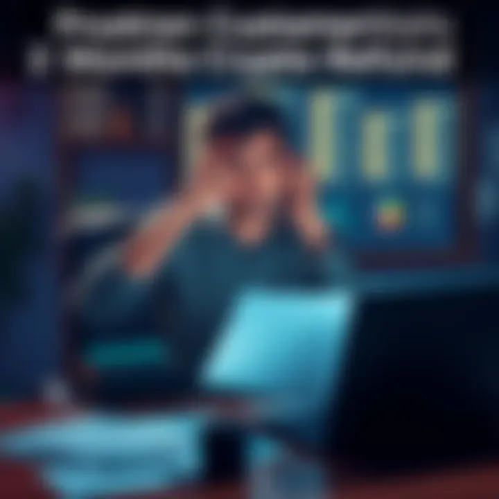 Frustrated customer seeking refund A frustrated customer sitting at a desk with paperwork and a laptop, looking stressed while waiting for a refund from a crypto network