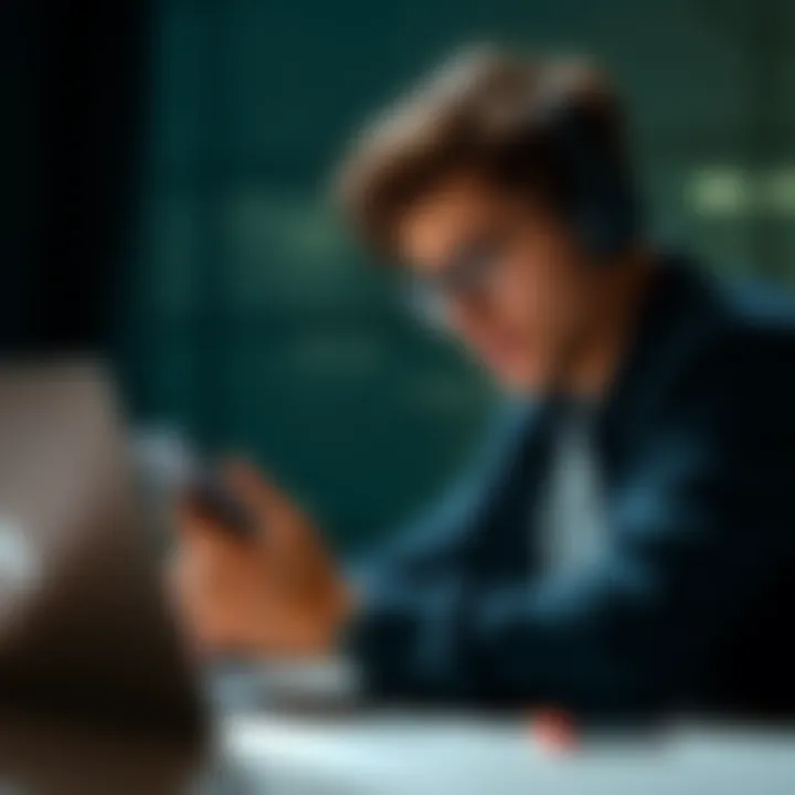 A person looking frustrated while trying to contact customer support on a laptop and holding a phone, symbolizing issues with accessing Revolut support.