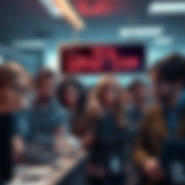 A group of frustrated customers waiting at a customer service help desk, showing frustration and disappointment on their faces, with a sign indicating support team is unavailable.