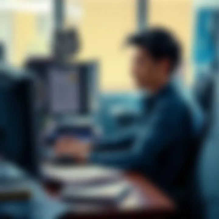 An employee sitting at their desk, looking frustrated with a slow workday, papers scattered around, and a clock showing time dragging on.