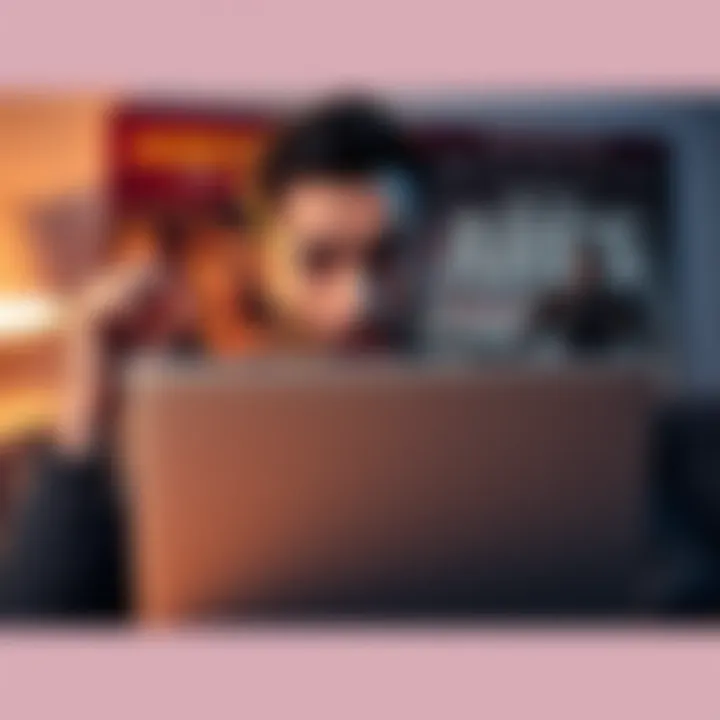 A person looking disappointed while reading movie reviews on a laptop, with a poster of the Ares movie in the background.
