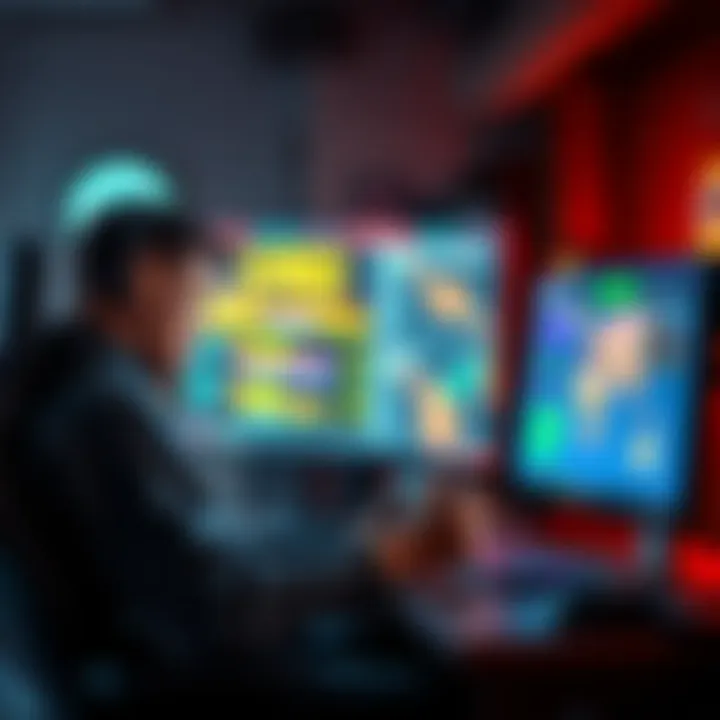 A gamer sitting at a computer looking frustrated while playing video games, with a game controller in hand and screens showing game levels.