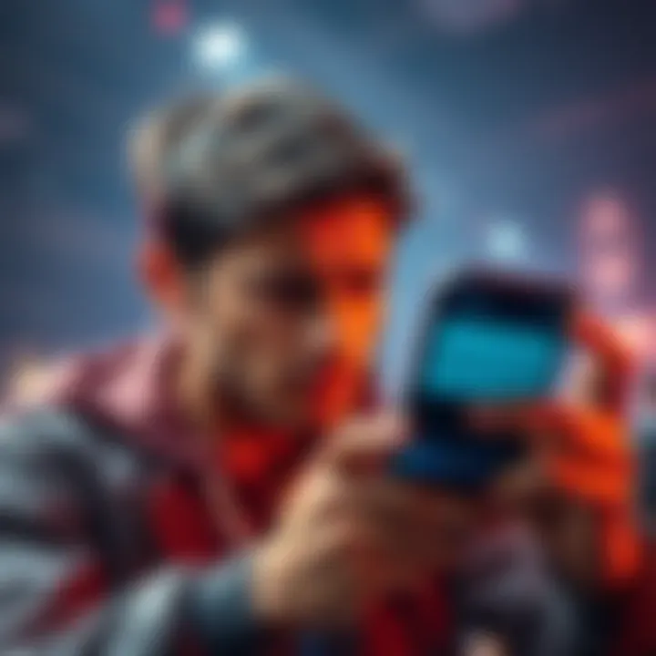 A gamer shows frustration while looking at a mobile phone displaying an error message about app rewards.