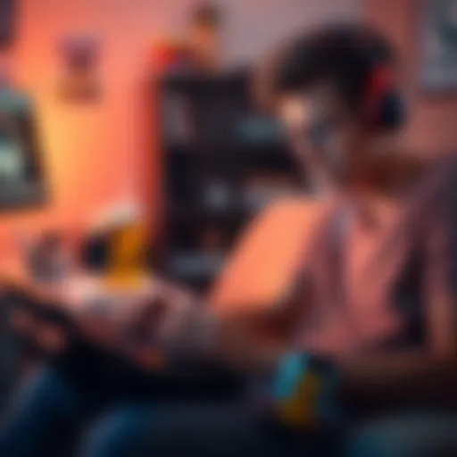 A gamer with a worried expression looks at their game console, surrounded by snacks and drinks, while typing on a forum for tips