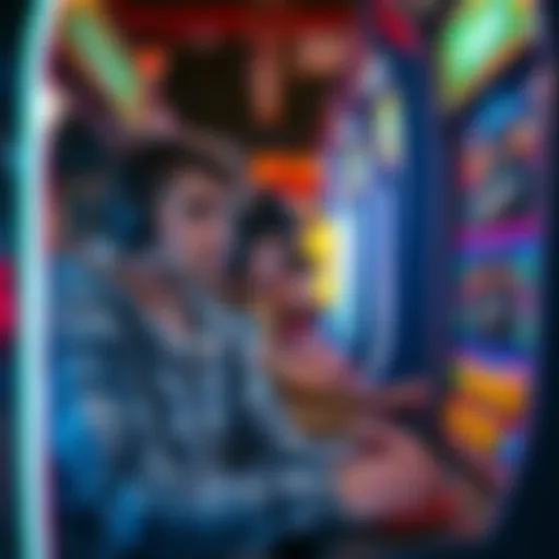 Frustrated gamers with arcade machines Players show frustration while playing arcade tower defense games, highlighting issues with reward registration.