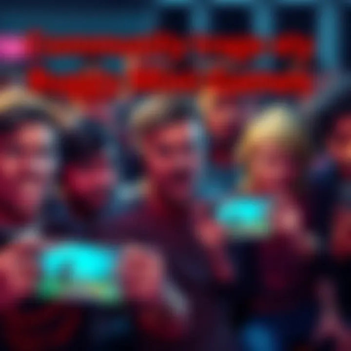A group of gamers expressing anger over buggy mini-games, with visible frustration on their faces, some holding mobile devices showing Atlas Earth gameplay.