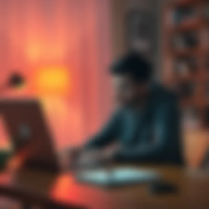 Frustrated individual sitting at a desk with a laptop, looking at a closed bank app on the screen