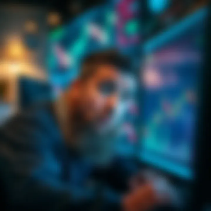 An investor with a worried expression looking at financial charts on a computer screen, symbolizing frustration and impatience in the market.