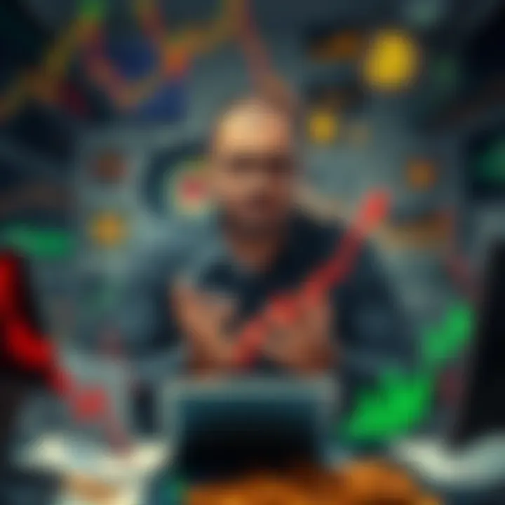 An exhausted investor surrounded by graphs and charts, struggling to keep track of fluctuating utility token values in a chaotic market.