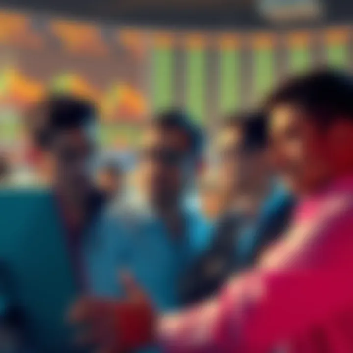 A group of disappointed investors looking at market charts showing declining profits with expressions of frustration