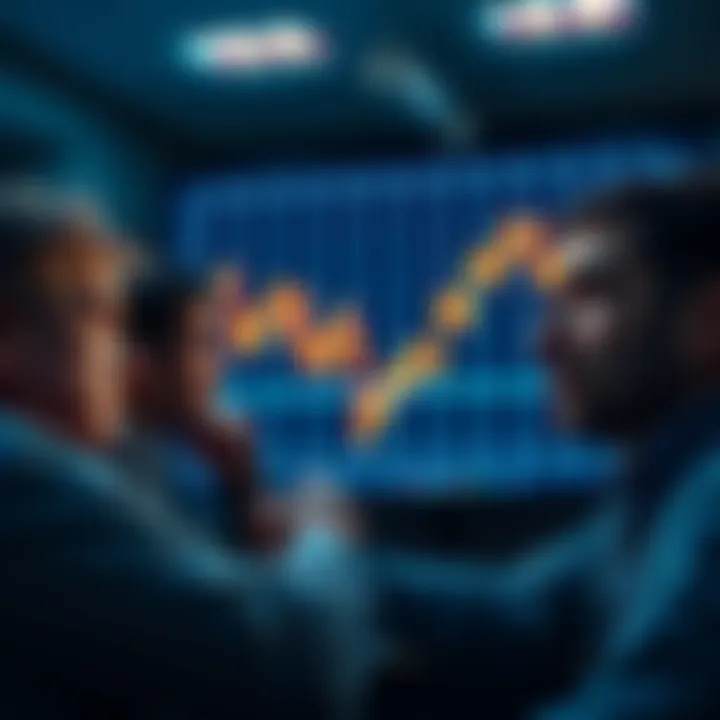 Investors with worried expressions watching a declining financial graph on a screen, symbolizing losses in $TRUMP crypto.