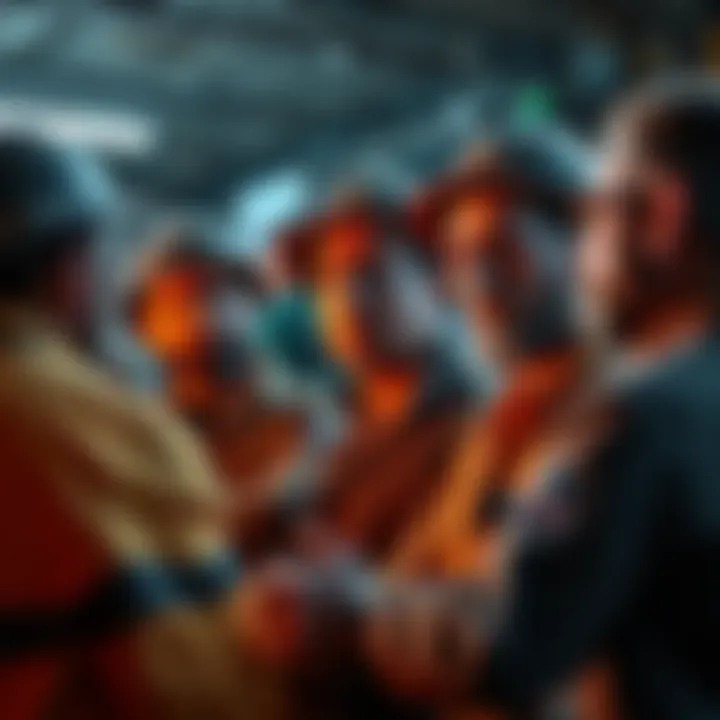 Group of miners looking worried while discussing issues with Pi mining delays and scams