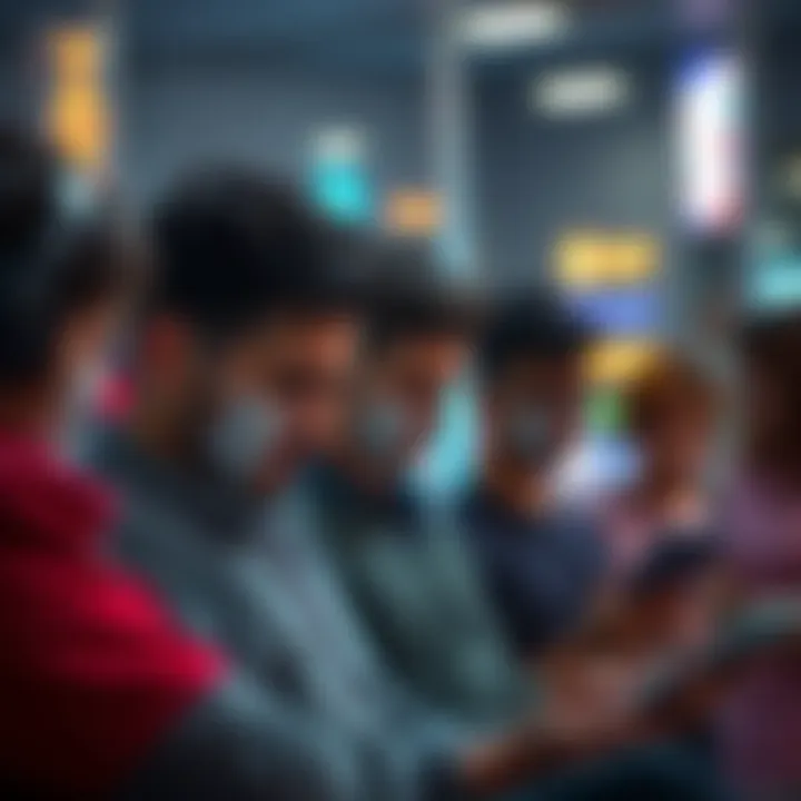 Frustrated Participants A group of people looking stressed while trying to complete monthly challenges on their devices, showing signs of frustration as points are decreasing.