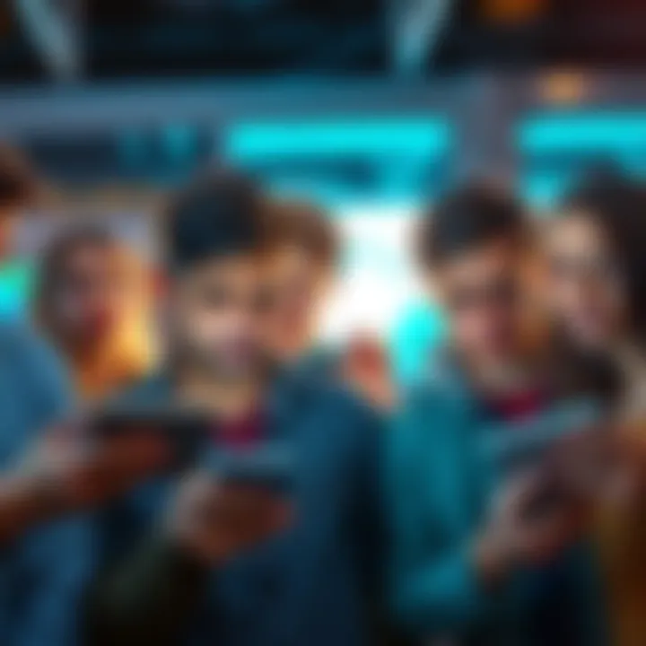 A group of people expressing frustration while looking at Revolut advertisements on their devices