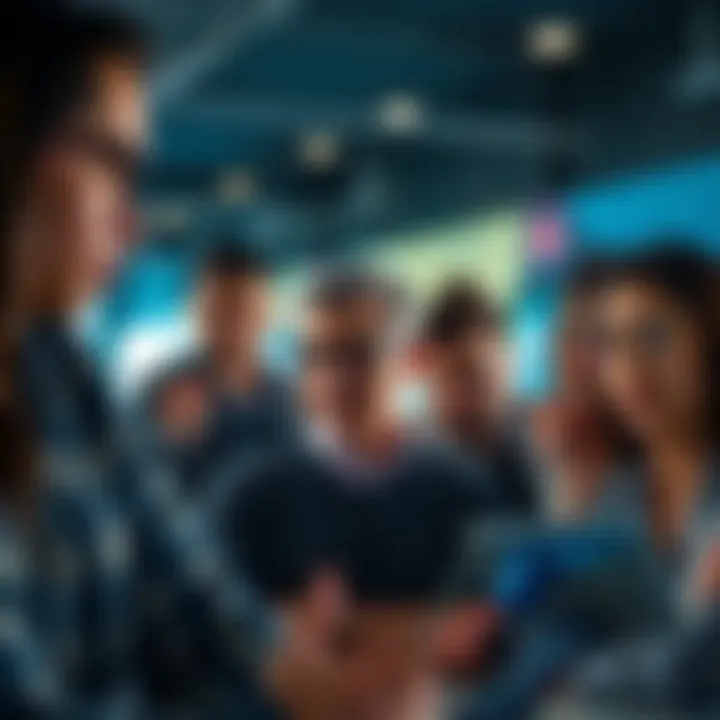 A group of people looking at screens and expressing dissatisfaction with a new UI design that appears bubbly and reminiscent of iOS.