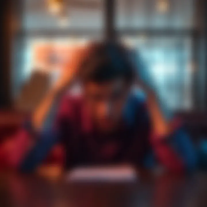 A person with a worried expression sitting at a table, hands on their head, symbolizing feelings of bad luck.