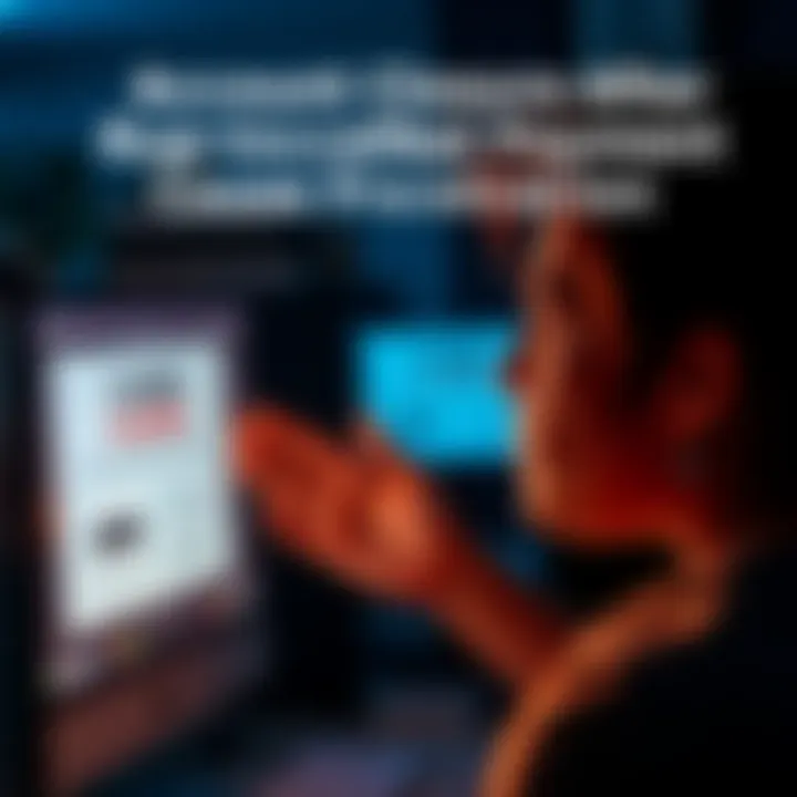 A person showing frustration while looking at a computer screen displaying a closed account notice after a payment issue