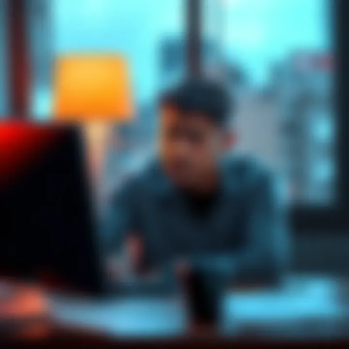 A person sitting at a desk, looking stressed as they check their computer screen showing account issues after a large deposit