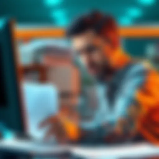 A person looking frustrated while using a computer with bank documents around, representing issues with bank transfers being flagged.