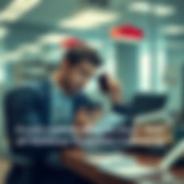 A frustrated individual sitting at a desk with a laptop, looking confused and upset about banking issues, with a phone in hand and papers scattered around