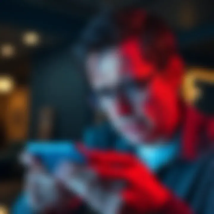 Frustrated Person Looking at Banking App A person showing frustration while looking at a smartphone displaying a banking app, indicating transfer issues to Revolut Bank.