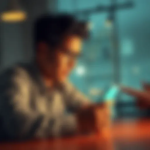 A person sitting at a table, anxiously checking their phone for salary updates from Revolut, with a concerned expression on their face.