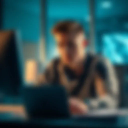 A frustrated individual sitting at a desk, trying to access their online banking account but facing obstacles due to restrictions.