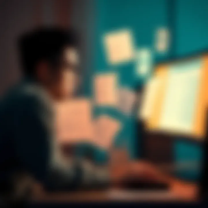 A person looking frustrated while sitting at a computer, surrounded by empty reward icons and survey forms.
