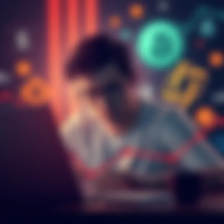 A person looks stressed while trying to convert USDT to USD on their laptop, with banking symbols and cryptocurrency logos in the background.