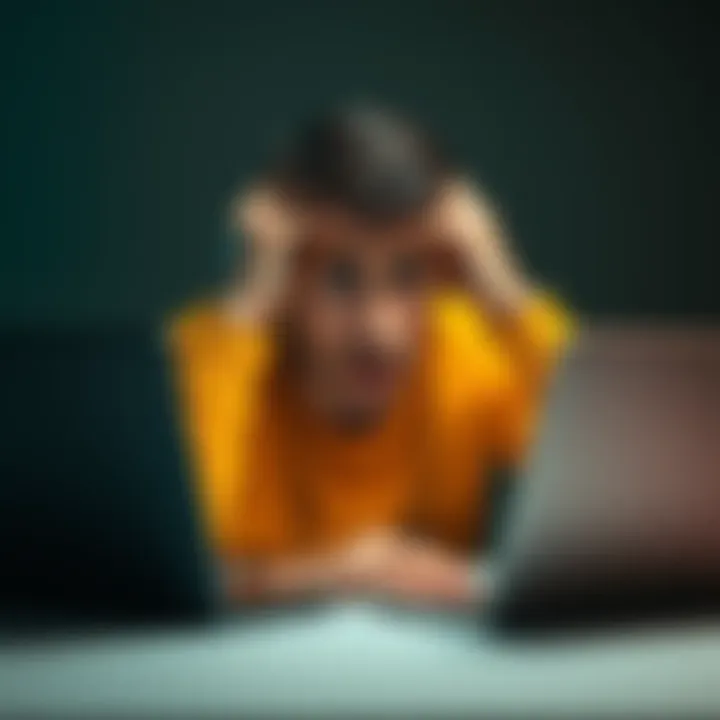A person looking stressed while using a laptop, showing frustration with ID verification issues