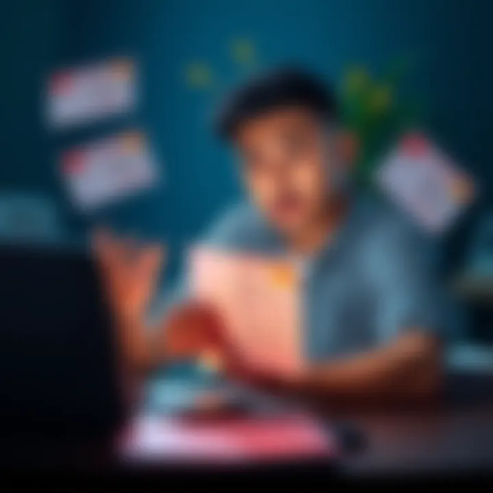 A person looking stressed while checking their documents on a laptop, surrounded by rejected forms and a confused expression.