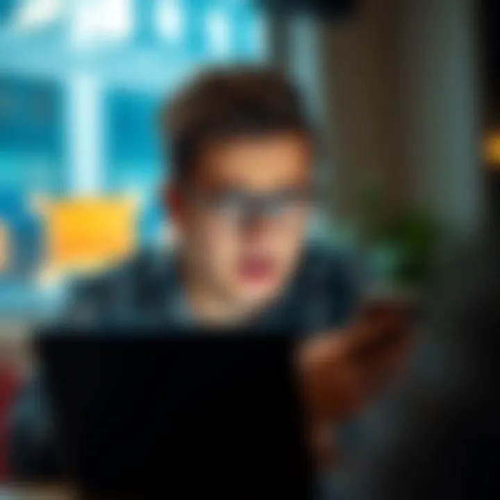 A person looking frustrated while using a laptop and phone, trying to open a savings account after an upgrade.