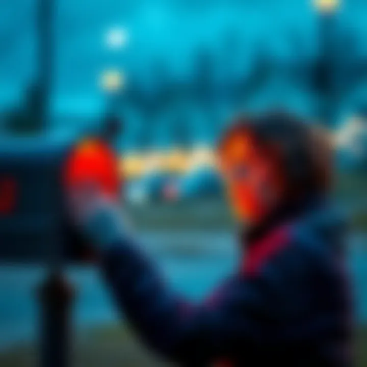 A frustrated individual looking at an empty mailbox, waiting for their debit card to arrive