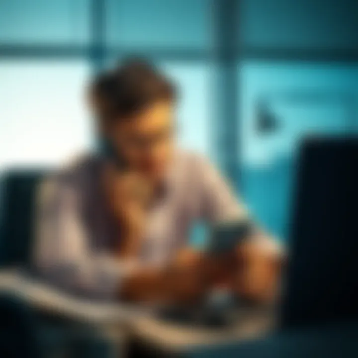 A person looking stressed while holding a smartphone, surrounded by papers and a laptop, representing the struggle with account issues.