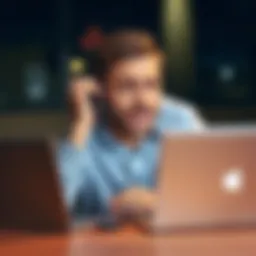 A person looking frustrated while talking on the phone about a chargeback issue, with a laptop and iPhone on the table.