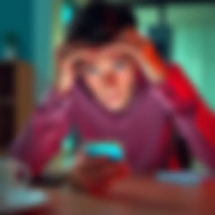 A person sitting at a table with a phone in hand, looking frustrated and confused, symbolizing account issues with a bank app.