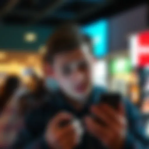 A person looking frustrated while holding a smartphone, symbolizing struggles with closing a bank account after relocating.
