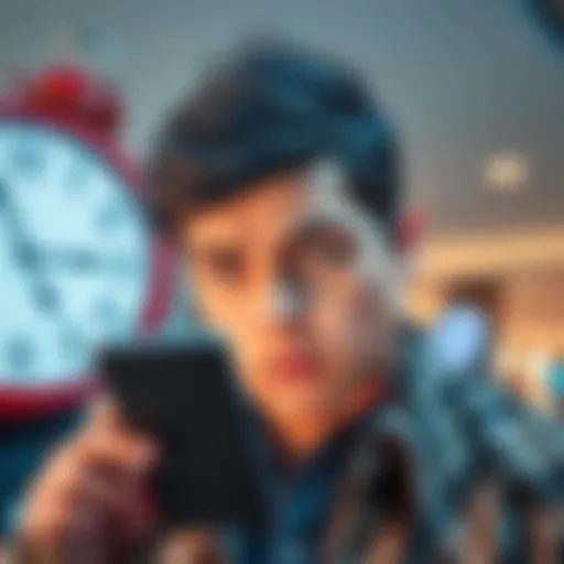 A person looks frustrated while trying to complete a survey on their smartphone, with a clock showing time passing by in the background.