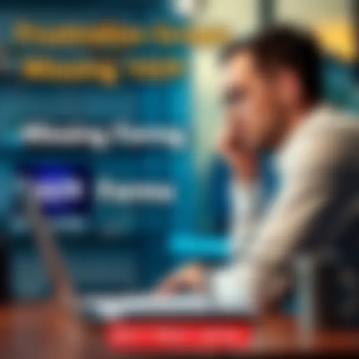 A person sitting at a desk with a laptop, looking frustrated while searching for missing 1099 tax forms