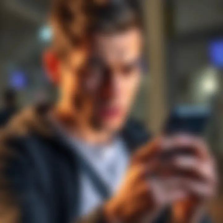 A person looking annoyed while using a smartphone, showing a frustrated expression as they deal with app ads and rewards issues after switching devices.