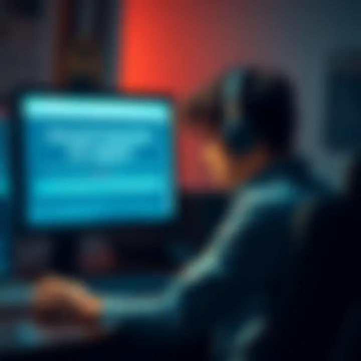 Frustrated person waiting for support A person sitting at a desk with a worried expression, looking at a computer screen displaying an account issues message. The atmosphere reflects frustration and impatience due to delayed customer supp...