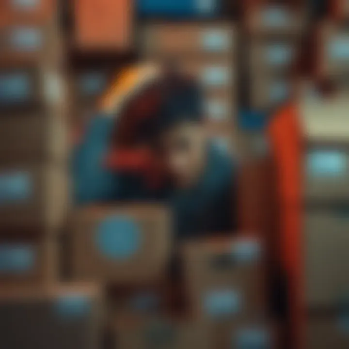 Frustrated person surrounded by packed boxes A person looking stressed while sitting next to numerous packed boxes and badges, holding their head in frustration over spending too much on small items.