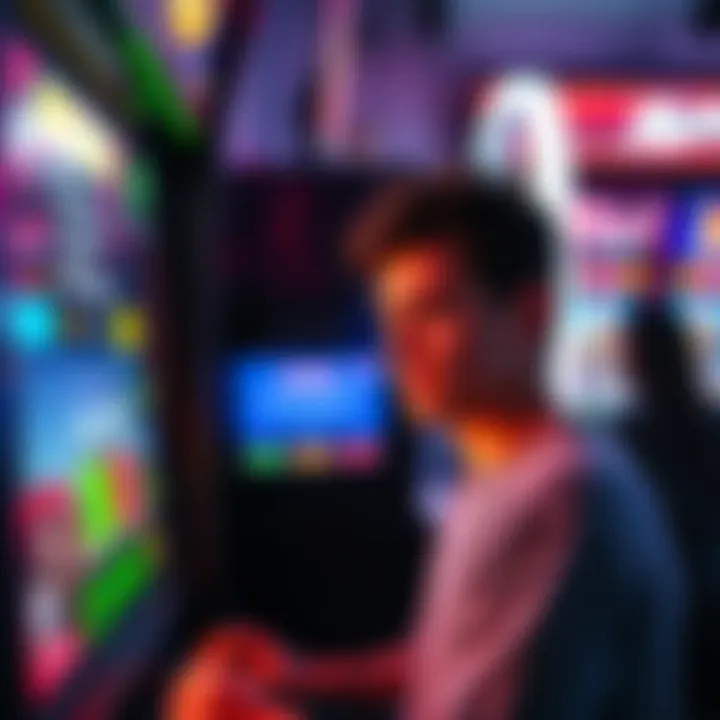 A player looking disappointed at an arcade machine, showing a screen with no reward notification after playing