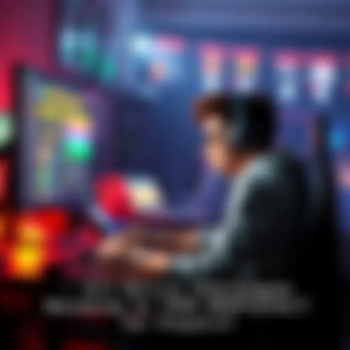 A gamer sits at a desk looking stressed while playing, with game challenges displayed on the screen.